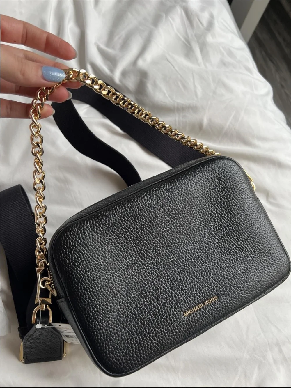 Michael Kors Black Leather Bryant Double Zip Chain Crossbody with Gold - New